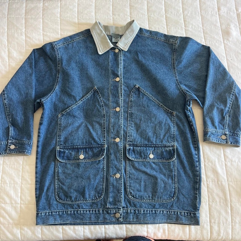 Unisex Vintage Blue Denim Chore Jacket | Khaki Collar Workwear Jacket | M